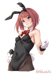 Rule 34 | 1girl, alternate costume, animal ears, ark royal (kancolle), bare shoulders, blue eyes, blunt bangs, bob cut, bow, bowtie, breasts, cowboy shot, detached collar, ebifurya, fake animal ears, fake tail, highres, kantai collection, leotard, pantyhose, playboy bunny, rabbit ears, rabbit tail, red hair, short hair, simple background, small breasts, smile, tail, tsurime, twitter username, white background, wrist cuffs