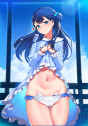 Rule 34 | 10s, 1girl, blue dress, blue eyes, blue hair, blue ribbon, blue sky, blush, cameltoe, cat ear panties, closed mouth, clothes lift, cloud, commentary request, day, dress, dress lift, gluteal fold, hair bobbles, hair bun, hair ornament, heart, highres, hugtto! precure, lifted by self, long hair, long sleeves, looking at viewer, navel, panties, precure, ribbon, rumo, side-tie panties, single hair bun, sky, solo, standing, underwear, white panties, yakushiji saaya