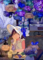 Rule 34 | 1girl, absurdres, bag, blue flower, blue ribbon, blue rose, braid, braided hair rings, brown eyes, brown hair, buchi (qooo003), closed mouth, commentary, couch, cup, dress, drinking glass, flower, food, hair rings, hand up, handbag, hat, hat flower, highres, hydrangea, indoors, lamp, looking away, on couch, original, plate, purple flower, ribbon, rose, sitting, smile, solo, sun hat, table, twin braids, upper body, vase, white dress, white hat