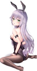 Rule 34 | 1girl, absurdres, animal ears, arm strap, backless outfit, black hairband, black heart (neptunia), black leotard, black pantyhose, breasts, choker, choujigen game neptune, fake animal ears, fake tail, green eyes, hair between eyes, hairband, highres, leotard, long hair, looking at viewer, mannack, medium breasts, neptune (series), noire (neptunia), open mouth, panties, pantyhose, pantyshot, playboy bunny, rabbit ears, rabbit tail, shoulder blades, sideboob, silver hair, simple background, sitting, solo, striped clothes, striped leotard, tail, underwear, very long hair, wariza, white background