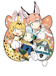 Rule 34 | 10s, ;d, animal ears, belt, blonde hair, blue eyes, blue vest, blush, bow, bowtie, caracal (kemono friends), elbow gloves, extra ears, gloves, green hair, hat feather, high-waist skirt, holding, impossible clothes, impossible shirt, japari symbol, kemono friends, kemono friends 2, kyururu (kemono friends), looking at viewer, naitou ryuu, official art, one eye closed, open mouth, print gloves, print neckwear, print skirt, serval (kemono friends), serval print, serval tail, shirt, sidelocks, sketchbook, skirt, sleeveless, sleeveless shirt, smile, tail, vest, white background, white gloves, yellow eyes, yellow gloves, yellow neckwear, yellow skirt