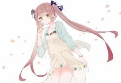 Rule 34 | 1girl, asagumo (kancolle), bad id, bad twitter id, blue ribbon, blush, bracelet, brown hair, cardigan, closed mouth, collarbone, dress, floral print, flower, heart, heart necklace, holding, holding jewelry, holding necklace, jewelry, kantai collection, long hair, looking at viewer, necklace, petals, ribbon, shakemi (sake mgmgmg), simple background, smile, solo, twintails, white background, yellow eyes