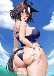Rule 34 | 1girl, absurdres, ahoge, alternate costume, animal ears, artist name, ass, bare shoulders, bikini, black hair, blue bikini, blue sky, breasts, butt crack, cloud, cloudy sky, commentary request, dated, dush 1154, hair between eyes, hands on own ass, highres, horse ears, horse girl, horse tail, kitasan black (umamusume), large breasts, looking at viewer, looking back, multicolored hair, ocean, outdoors, partially submerged, short hair, sky, solo, streaked hair, swimsuit, tail, two side up, umamusume, water, white hair