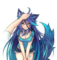 Rule 34 | 1girl, ahoge, alternate costume, animal ear fluff, animal ears, blue hair, blue shirt, blush, breasts, cleavage, clothed sex, contemporary, cowboy shot, cutoffs, denim, denim shorts, electricity, glowing, glowing hair, gradient hair, green eyes, headpat, highres, large breasts, lightning bolt symbol, long hair, looking at viewer, monorus, monster girl, monster girl encyclopedia, multicolored hair, out of frame, pov, pov hands, purple hair, raiju (monster girl encyclopedia), shirt, short shorts, shorts, simple background, smile, solo focus, t-shirt, tail, tattoo, two-tone hair, v arms, very long hair, weasel ears, weasel tail, white background