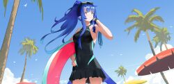Rule 34 | 1girl, arknights, astgenne (arknights), bare arms, bare shoulders, beach umbrella, black one-piece swimsuit, blue eyes, blue hair, blue sky, breasts, closed mouth, cloud, commentary request, covered navel, day, goggles, goggles on head, hand on own hip, hand up, highres, innertube, long hair, looking at viewer, medium breasts, northkiyou, one-piece swimsuit, outdoors, palm tree, ponytail, sidelocks, sky, smile, solo, swim ring, swimsuit, tree, umbrella