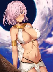Rule 34 | 1girl, alternate costume, armlet, bare shoulders, blush, breasts, choker, cleavage, closed mouth, fate/grand order, fate (series), frown (wonderland85711), hair over one eye, harem outfit, jewelry, large breasts, looking at viewer, mash kyrielight, navel, one eye covered, outdoors, purple eyes, purple hair, short hair, skirt, solo, white skirt