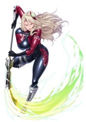 Rule 34 | 00s, 1girl, blonde hair, blue eyes, bodysuit, breasts, eliza perlman, female focus, full body, highres, huge breasts, kangoku academia, kangoku senkan, latex, latex suit, lilith-soft, long hair, looking at viewer, naginata, parted lips, polearm, prison academia, shiny skin, sian, smile, solo, standing, transparent background, weapon