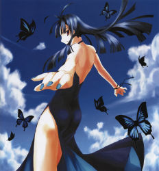 Rule 34 | 1girl, backless dress, backless outfit, bad id, bad pixiv id, blue hair, blue nails, bug, butterfly, cloud, day, dengeki hime, dress, evening gown, insect, long hair, md5 mismatch, mizuhara akira (artist), nail polish, red eyes, sky, solo