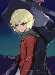 Rule 34 | 1boy, 1girl, akisa yositake, back-to-back, blonde hair, breasts, faceless, faceless female, green eyes, grin, habit, holding, holding sword, holding weapon, jacket, large breasts, mario gallo bestino, melty blood, nun, puppet strings, red jacket, smile, smirk, sword, traditional nun, tsukihime, tsukihime (remake), twitter username, weapon