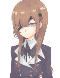 Rule 34 | 1girl, black ribbon, blue eyes, blue jacket, brown hair, closed mouth, collared shirt, eyebrows hidden by hair, eyepatch, fate/grand order, fate (series), hair over one eye, jacket, kidhukaji, long hair, looking at viewer, neck ribbon, ophelia phamrsolone, ribbon, shirt, simple background, solo, upper body, very long hair, white background, white shirt