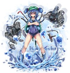 Rule 34 | &gt;:), 1girl, backpack, bag, blouse, blue eyes, blue hair, blue shirt, boots, breasts, character name, closed mouth, covered navel, crossed arms, full body, green hat, hair bobbles, hair ornament, hat, highres, kawashiro nitori, key, legs, looking at viewer, mechanical arms, medium breasts, one-piece swimsuit, open clothes, open shirt, ototobe, rubber boots, school swimsuit, shaded face, shirt, short hair, short sleeves, single mechanical arm, smile, solo, standing, swimsuit, swimsuit under clothes, thighs, touhou, two side up, v-shaped eyebrows, water drop, wrench