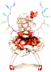 Rule 34 | 1girl, :o, ascot, blonde hair, crystal, flandre scarlet, foreshortening, frills, full body, hair between eyes, hat, hat ribbon, highres, looking at viewer, mary janes, mob cap, navel, orange eyes, red footwear, red ribbon, red shirt, red skirt, ribbon, sakushou, shirt, shoes, side ponytail, skirt, skirt set, solo, standing, touhou, wings