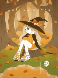 Rule 34 | 1girl, :|, acorn, acorn hair ornament, animal print, ankle socks, arm rest, autumn, autumn leaves, black cape, black hat, blush, cape, closed mouth, creature, dot mouth, dress, elbow rest, english text, expressionless, falling leaves, film grain, fishing, forest, framed, grass, hair ornament, hand up, hat, hat ornament, head rest, highres, holding, holding stick, keke (kotowari), knees together feet apart, knees up, leaf, leaf hair ornament, leaf hat ornament, light brown hair, long hair, long sleeves, looking at viewer, mushroom, nature, no lineart, no nose, orange dress, orange eyes, orange ribbon, orange sweater, original, outdoors, platinum blonde hair, pond, print footwear, puffy long sleeves, puffy sleeves, rabbit, rabbit print, ribbon, ripples, shade, shoelaces, shoes, short dress, signature, sitting, sitting on tree stump, sneakers, socks, solo, stick, string, sweater, sweater dress, swept bangs, tareme, tree, tree stump, two-sided fabric, two-sided headwear, water, white footwear, white socks, witch hat