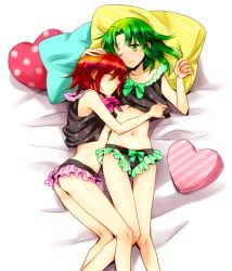 Rule 34 | 10s, 2girls, bed, bow, breasts, camisole, closed eyes, frown, green eyes, green hair, hand on head, heart, hino akane (smile precure!), midorikawa nao, midriff, multiple girls, navel, one eye closed, panties, pillow, precure, red hair, ribbon, short hair, small breasts, smile precure!, underboob, underwear, wink, yuzucky