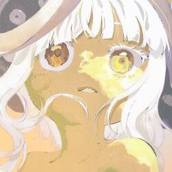 Rule 34 | 1other, bare shoulders, blunt bangs, blush stickers, brown eyes, brown fur, chinese commentary, close-up, commentary request, furry, grey hair, helmet, highres, light, looking ahead, looking to the side, made in abyss, medium hair, nanachi (made in abyss), other focus, painting (medium), parted lips, portrait, solo, traditional media, watercolor (medium), yellow eyes, zqg1001