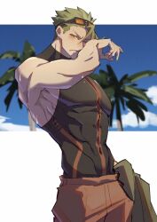 Rule 34 | 1boy, abs, achilles (fate), black shirt, blush, brown eyes, closed mouth, fate/grand order, fate (series), green hair, haruakira, highres, holding, holding clothes, holding jacket, jacket, large pectorals, male focus, muscular, muscular male, navel, orange pants, palm tree, pants, pectorals, shirt, sidepec, solo, tree, undercut, wiping face