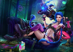 Rule 34 | 1girl, artist name, black footwear, black gloves, blue hair, braid, breasts, bullet, cloud tattoo, couch, fingerless gloves, fire, from side, gloves, heart, highres, holding, holding rocket launcher, holding weapon, javier estrada, jinx (league of legends), league of legends, long hair, looking at viewer, nail polish, navel, one eye closed, pink eyes, rocket launcher, shiny clothes, shiny skin, shoes, sitting, smile, solo, stomach, tongue, tongue out, twin braids, w, weapon