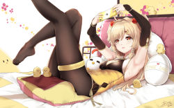 Rule 34 | 1girl, :o, armpits, arms up, asahi kuroi, bare shoulders, bed, bird, blonde hair, breasts, brown pantyhose, chick, china dress, chinese clothes, detached sleeves, dress, egg, feet, highres, holding, legs up, long hair, long sleeves, looking up, no shoes, on bed, open mouth, orange eyes, original, pantyhose, pelvic curtain, phone, pillow, signature, small breasts, solo, stuffed animal, stuffed toy, thigh strap, yellow dress