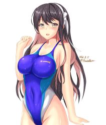 1girl, black hair, blue swimsuit, collarbone, competition swimsuit, fang, hairband, highleg, highleg swimsuit, highres, impossible clothes, impossible swimsuit, kantai collection, long hair, montemasa, multicolored hair, naganami (kancolle), one-piece swimsuit, open mouth, pink hair, remodel (kantai collection), simple background, solo, swimsuit, white background, white hairband, yellow eyes