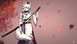 Rule 34 | 1641 (chfhrtor94), 1girl, adapted costume, autumn leaves, bare shoulders, bow, branch, breasts, closed mouth, detached sleeves, falling leaves, hat, highres, holding, holding sword, holding weapon, inubashiri momiji, japanese clothes, katana, kimono, leaf, leaf print, long sleeves, medium breasts, obi, pom pom (clothes), red eyes, red hat, red sash, sash, scabbard, serious, sheath, sheathed, smile, solo, sword, tokin hat, touhou, weapon, white hair, white kimono, white sleeves, wide sleeves, yellow bow