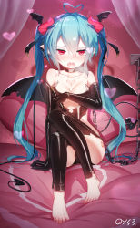 Rule 34 | 1girl, :o, ahoge, artist name, ass, bare shoulders, barefoot, black bra, black choker, black gloves, black panties, black ribbon, black thighhighs, blue hair, blush, bra, breasts, breath, chain, choker, cleavage, collarbone, commentary request, curtains, demon girl, demon horns, demon tail, demon wings, elbow gloves, fang, feet, gloves, hair between eyes, hair ribbon, hatsune miku, head wings, heart, heart ahoge, heart tattoo, highres, holding, horns, knees up, latex, long hair, looking at viewer, medium breasts, nail polish, open mouth, panties, pointy ears, qys3, red eyes, red nails, revision, ribbon, sidelocks, sitting, solo, tail, tattoo, thighhighs, twintails, underwear, very long hair, vocaloid, wavy mouth, whip, wings