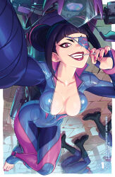 Rule 34 | 1girl, artist name, biker clothes, bikesuit, black hair, blue bodysuit, bodysuit, breasts, candy, cleavage, clenched teeth, collarbone, commentary, copyright name, english commentary, eyepatch, fingerless gloves, fingernails, food, foreshortening, full body, gloves, grin, hair horns, han juri, hand out of frame, highres, holding, holding candy, holding food, holding lollipop, kajin (kajinman), lollipop, looking at viewer, lying, medium breasts, motor vehicle, motorcycle, nail polish, official alternate costume, on back, one eye covered, pale skin, partially unzipped, pink eyes, pink nails, red lips, selfie, skin tight, smile, street fighter, street fighter 6, street fighter v, teeth, toeless legwear, toenail polish, toenails, toes, udon entertainment, unconscious, upside-down, v-shaped eyebrows, wide hips, zipper
