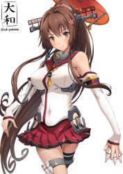 Rule 34 | 10s, 1girl, ammunition, anchor, bare shoulders, breasts, brown hair, character name, cherry blossoms, chrysanthemum, collar, covered navel, detached sleeves, flower, hair between eyes, hair flower, hair ornament, headgear, kantai collection, kikumon, large breasts, long hair, looking at viewer, miniskirt, oil-paper umbrella, ponytail, sakiyamama, simple background, single thighhigh, skirt, smile, solo, tassel, thighhighs, turret, twitter username, umbrella, very long hair, white background, yamato (kancolle)