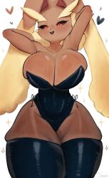 Rule 34 | 1girl, animal nose, armpits, arms behind head, arms up, black leotard, black sclera, black thighhighs, blush, body fur, breasts, brown fur, cleavage, collarbone, colored sclera, covered navel, cowboy shot, creatures (company), curvy, female focus, furry, furry female, game freak, gen 4 pokemon, half-closed eyes, heart, highleg, highleg leotard, highres, huge breasts, leotard, long ears, looking at viewer, lopunny, narrow waist, nintendo, omeki, playboy bunny, pokemon, pokemon (creature), rabbit ears, rabbit girl, red eyes, shiny clothes, simple background, skindentation, snout, solo, sparkle, standing, strapless, strapless leotard, thick thighs, thighhighs, thighs, two-tone fur, white background, wide hips, yellow fur