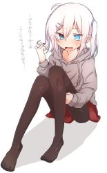 Rule 34 | 1girl, azuma shino, black pantyhose, blue eyes, blush, fang, feet, female focus, hair ornament, hairclip, heterochromia, hood, hoodie, looking at viewer, nowareno (azuma shino), open mouth, original, pantyhose, pointy ears, simple background, sitting, slit pupils, solo, toes, twintails, white background, white hair