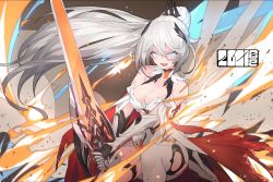 Rule 34 | 1girl, armor, blue eyes, boots, breasts, cape, cleavage, earrings, fire, gauntlets, hair ornament, highres, holding, holding sword, holding weapon, honkai (series), honkai impact 3rd, jewelry, kiana kaslana, kiana kaslana (herrscher of flamescion), long hair, looking at viewer, open mouth, ponytail, solo, sword, thigh boots, thighhighs, torn cape, torn clothes, weapon, white footwear, white hair, wu-qiao