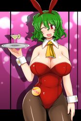Rule 34 | 1girl, animal ears, ascot, bad id, bad pixiv id, bare shoulders, bow, bowtie, breasts, brown pantyhose, cleavage, cocktail, curvy, detached collar, female focus, green hair, kazami yuuka, large breasts, leotard, lips, lipstick, makeup, martini, one eye closed, open mouth, pantyhose, playboy bunny, rabbit ears, red eyes, red leotard, short hair, smile, solo, touhou, tray, unadare, wink, wrist cuffs