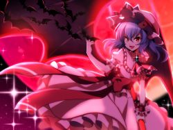 Rule 34 | 1girl, ascot, backlighting, bat (animal), bat wings, black wings, blue hair, bow, commentary, diffraction spikes, dress, fang, frilled cuffs, frilled dress, frilled sleeves, frills, hat, hat bow, highres, holding, holding weapon, kamenozoki momomo, looking at viewer, medium dress, medium hair, mob cap, open mouth, pink dress, pink hat, red ascot, red bow, red eyes, red theme, remilia scarlet, short sleeves, smirk, solo, sparkle, spear the gungnir, standing, touhou, weapon, wings