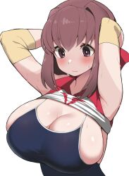 Rule 34 | 1girl, blush, breasts, brown eyes, brown hair, clothes lift, elbow sleeve, girls und panzer, hair between eyes, headband, highres, kondou taeko, large breasts, looking at breasts, medium hair, one-piece swimsuit, red headband, shirt lift, simple background, solo, swimsuit, swimsuit under clothes, undersized clothes, water drop, white background, yabai gorilla