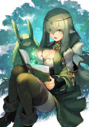 Rule 34 | 1girl, :d, black footwear, book, bow, breasts, brown thighhighs, cleavage, clothing request, commentary request, dress, eyes visible through hair, gem, green eyes, green hair, hair bow, highres, holding, holding book, large breasts, layered sleeves, long hair, long sleeves, nakamura eight, open book, open mouth, pointy ears, puzzle &amp; dragons, shoes, sitting, sleeves past wrists, smile, snail, solo, thighhighs, very long hair, white bow, wide sleeves