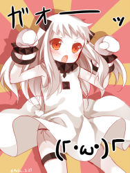 Rule 34 | 10s, 1girl, abyssal ship, colored skin, dress, horns, kantai collection, long hair, looking at viewer, mittens, mogu (au1127), northern ocean princess, open mouth, orange eyes, sketch, solo, sunburst, translation request, twitter username, white dress, white hair, white skin