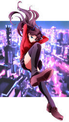 Rule 34 | 1girl, absurdres, arms up, black skirt, black thighhighs, blue eyes, bow, brown footwear, brown hair, city lights, cityscape, closed mouth, fate/stay night, fate (series), floating hair, full body, hair bow, hair intakes, highres, karasaki, long hair, long sleeves, night, pleated skirt, print sweater, red sweater, shoes, skirt, solo, sweater, thighhighs, thighs, tohsaka rin, two side up, zettai ryouiki