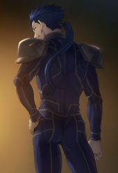 Rule 34 | 1boy, arm at side, armor, ass, blue bodysuit, blue hair, bodysuit, commentary request, contrapposto, cu chulainn (fate), cu chulainn (fate/stay night), earrings, fate/stay night, fate (series), from behind, gradient background, hand on own hip, highres, jewelry, long hair, male focus, mondi hl, orange background, ponytail, shoulder armor