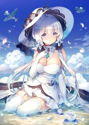 Rule 34 | 1girl, ahoge, aircraft, airplane, anchor, arm support, azur lane, bare shoulders, biplane, blue sky, breasts, cleavage, closed mouth, cloud, day, deecha, detached collar, dress, elbow gloves, flower, full body, garter straps, gem, gloves, hair ornament, hand on own chest, hat, highres, illustrious (azur lane), long hair, looking at viewer, medium breasts, mole, mole under eye, ocean, outdoors, petals, propeller, rose, rose petals, see-through, shallow water, silver hair, sitting, sky, smile, solo, sun hat, tareme, thighhighs, tri tails, veil, very long hair, water, water drop, white dress, white flower, white gloves, white hat, white rose, white thighhighs, yokozuwari, zettai ryouiki