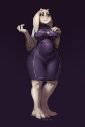 Rule 34 | 1girl, animal ears, barefoot, belly, blush, breasts, claws, covered erect nipples, covered navel, curvy, dress, female focus, furry, furry female, goat ears, goat girl, horns, large breasts, mature female, navel, plump, smile, solo, thick thighs, thighs, tight clothes, tight dress, toriel, triuni, undertale