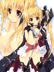 Rule 34 | 00s, 1girl, bardiche (nanoha), blonde hair, blush, breasts, cape, cleavage, fate testarossa, female masturbation, finger to mouth, gloves, long hair, lyrical nanoha, mahou shoujo lyrical nanoha, mahou shoujo lyrical nanoha strikers, masturbation, mitsuki mantarou, red eyes, skirt, small breasts, solo, thighhighs, twintails, very long hair, wind