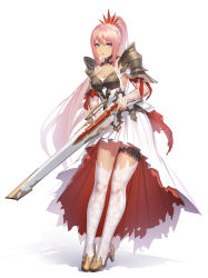 Rule 34 | 1girl, absurdres, armor, armored dress, blue eyes, breasts, cleavage, closed mouth, collarbone, dress, floating hair, full body, gun, hair between eyes, high heels, high ponytail, highres, holding, holding gun, holding weapon, layered dress, long hair, medium breasts, pink hair, pleated dress, q18607, rifle, shionne (tales), shoulder armor, simple background, solo, standing, tales of (series), tales of arise, thigh strap, thighhighs, very long hair, weapon, white background, white dress, white thighhighs