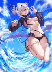 Rule 34 | 1girl, bikini, black bikini, breasts, character hood, cropped jacket, dragon wings, fate/grand order, fate (series), forked eyebrows, high ponytail, hooded shrug, ironatsuki, long hair, looking at viewer, mask, mask pull, medium breasts, melusine (swimsuit ruler) (fate), melusine (swimsuit ruler) (first ascension) (fate), mouth mask, pubic tattoo, removing mask, smile, solo, stomach tattoo, swimsuit, tattoo, thighlet, tongue, tongue out, underboob, white hair, wings