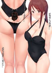 Rule 34 | 1girl, anti (0324), arms behind back, black one-piece swimsuit, blush, breasts, brown eyes, brown hair, cleavage, commentary request, covered navel, cowboy shot, from behind, halterneck, highleg, highleg swimsuit, holding, holding behind back, idolmaster, idolmaster cinderella girls, kneepits, large breasts, long hair, looking at viewer, lotion, mifune miyu, multiple views, one-piece swimsuit, sidelocks, simple background, swimsuit, tanning oil, thighs, translation request, white background
