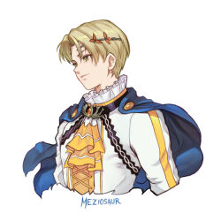 Rule 34 | 1boy, alfred (fire emblem), ascot, blonde hair, cape, circlet, closed mouth, fire emblem, fire emblem engage, frills, green eyes, high collar, looking to the side, male focus, meziosaur, nintendo, shirt, short hair, white background, white shirt, yellow ascot
