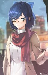Rule 34 | 1girl, a-chan (hololive), absurdres, arm up, artist name, blue eyes, blue hair, blurry, blurry background, bow, brown coat, cityscape, coat, commentary, cowboy shot, day, glasses, hair bow, highres, hololive, looking at viewer, open clothes, open coat, outdoors, red scarf, scarf, semi-rimless eyewear, short hair, smile, solo, standing, sweater, swept bangs, therrao, turtleneck, turtleneck sweater, under-rim eyewear, virtual youtuber, white sweater