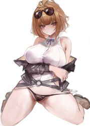 Rule 34 | 1girl, bare shoulders, blush, breasts, brown hair, commission, dokuro deluxe, girls&#039; frontline, grizzly mkv (girls&#039; frontline), highres, large breasts, looking at viewer, partially undressed, purple eyes, sagging breasts, second-party source, solo, sunglasses