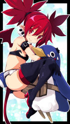 Rule 34 | 1girl, bat wings, boots, demon girl, demon tail, demon wings, disgaea, disgaea d2, earrings, etna (disgaea), flat chest, highres, iwashi dorobou -r-, jewelry, looking at viewer, mini wings, navel, pointy ears, prinny, red eyes, red hair, red wings, short shorts, shorts, skull, skull earrings, solo, tail, thigh boots, thighhighs, thighhighs under boots, wings