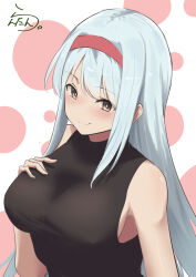 Rule 34 | 1girl, absurdres, artist logo, black sweater, breasts, brown eyes, grey hair, hairband, highres, kantai collection, lanthan, long hair, medium breasts, one-hour drawing challenge, polka dot, polka dot background, red hairband, shoukaku (kancolle), sleeveless, sleeveless sweater, solo, sweater, upper body, white background