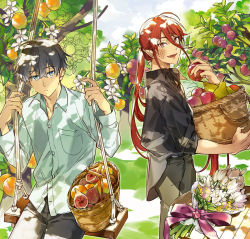 Rule 34 | 2boys, :d, basket, black hair, black pants, black shirt, blue eyes, bouquet, brown pants, closed mouth, collared shirt, cowboy shot, cowlick, crossed bangs, daisy, dappled sunlight, day, dress shirt, expressionless, fang, fig, fingernails, flower, food, fruit, fruit tree, hair between eyes, holding, holding basket, holding food, holding fruit, long hair, looking at viewer, low ponytail, male focus, multiple boys, odayaka kizoku no kyuuka no susume., official art, open collar, open mouth, orange (fruit), orange blossoms, orchard, pants, pear, plum, pointy ears, red eyes, red hair, sando (310 sand), scales, sharp fingernails, shirt, short hair, sitting, skin fang, sleeves rolled up, smile, standing, sunlight, swing, table, tree, untucked shirt, white flower, white shirt