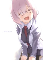 Rule 34 | 1girl, artist name, fate/grand order, fate (series), glasses, hair over one eye, mash kyrielight, necktie, open mouth, purple hair, short hair, simple background, sitting, smile, solo, white background, yuuzii